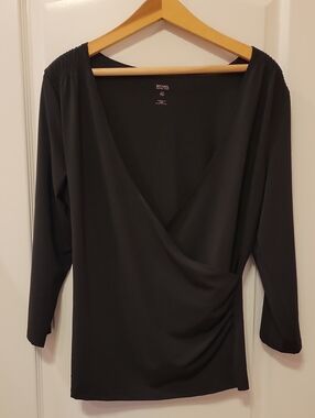 Michael Kors Black Faux-Wrap V-Neck Long Sleeve Top
